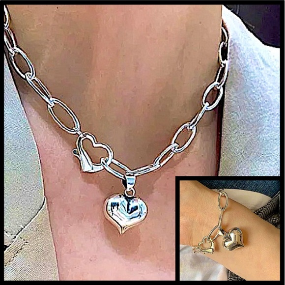 Sterling Silver Heart Chain Link Necklace Bracelet Matching Set - Picture 1 of 9